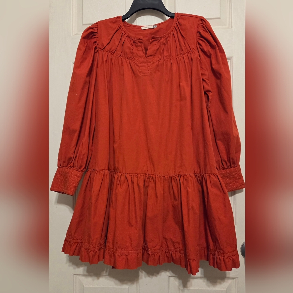 Maude Vivante Rust Red Cotton Peasant Blouse XL Boho Tiered Puff Sleeve Lightwei